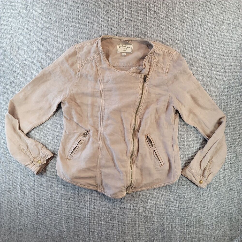 Lucky Brand Womens Large Beige Linen Blend Asymmetrical Zip Moto Jacket Coat SP1